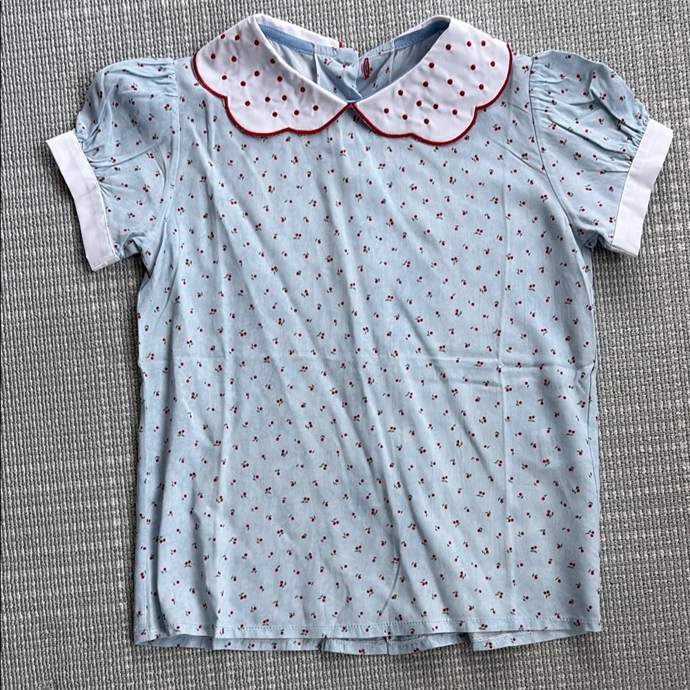 Blue and Red Peter Pan Collar Blouse with Puffed Sleeves